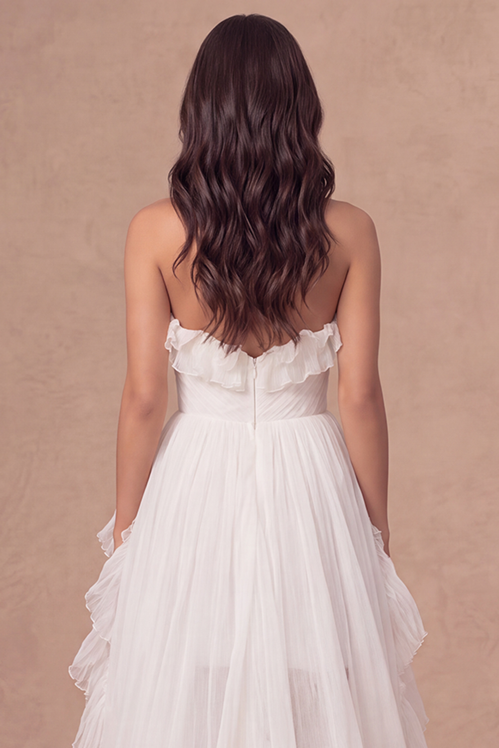 High Low Ruffled Ivory Sweetheart Engagement Dress with Slit