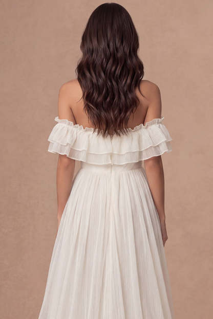 High Low Ruffled Ivory Sweetheart Engagement Dress with Slit