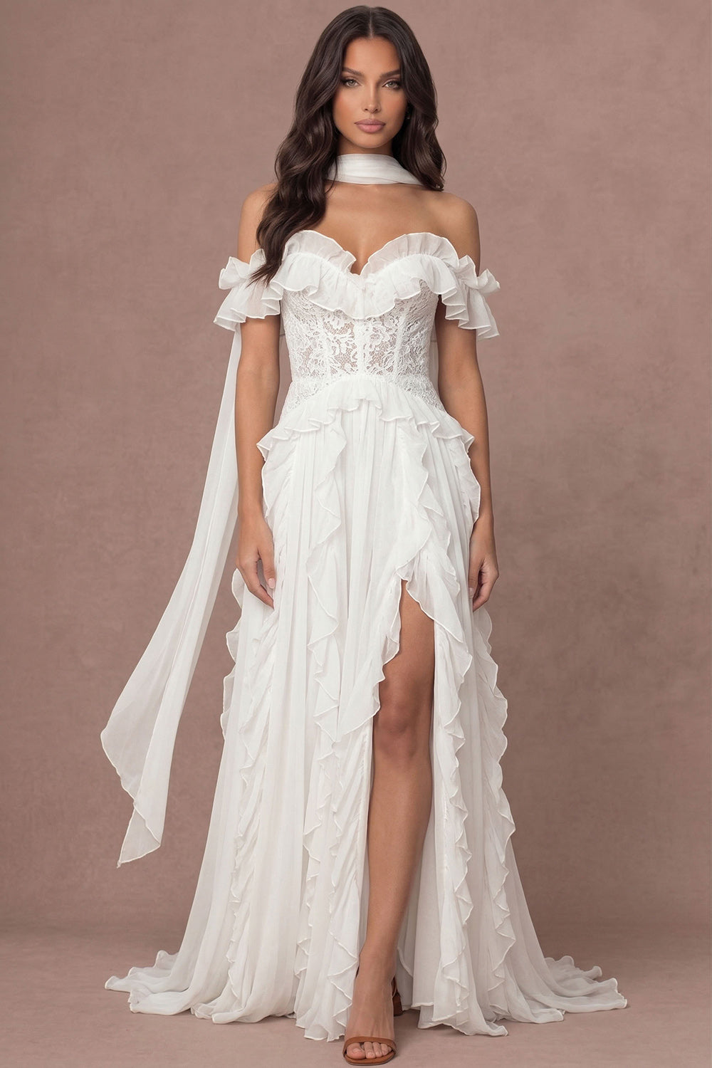 Leely Women Ivory Ruffled Corset Long Wedding Reception Dress with Slit Off the Shoulder Appliqued Backless Wedding Rehearsal Dinner with Neck Scarf