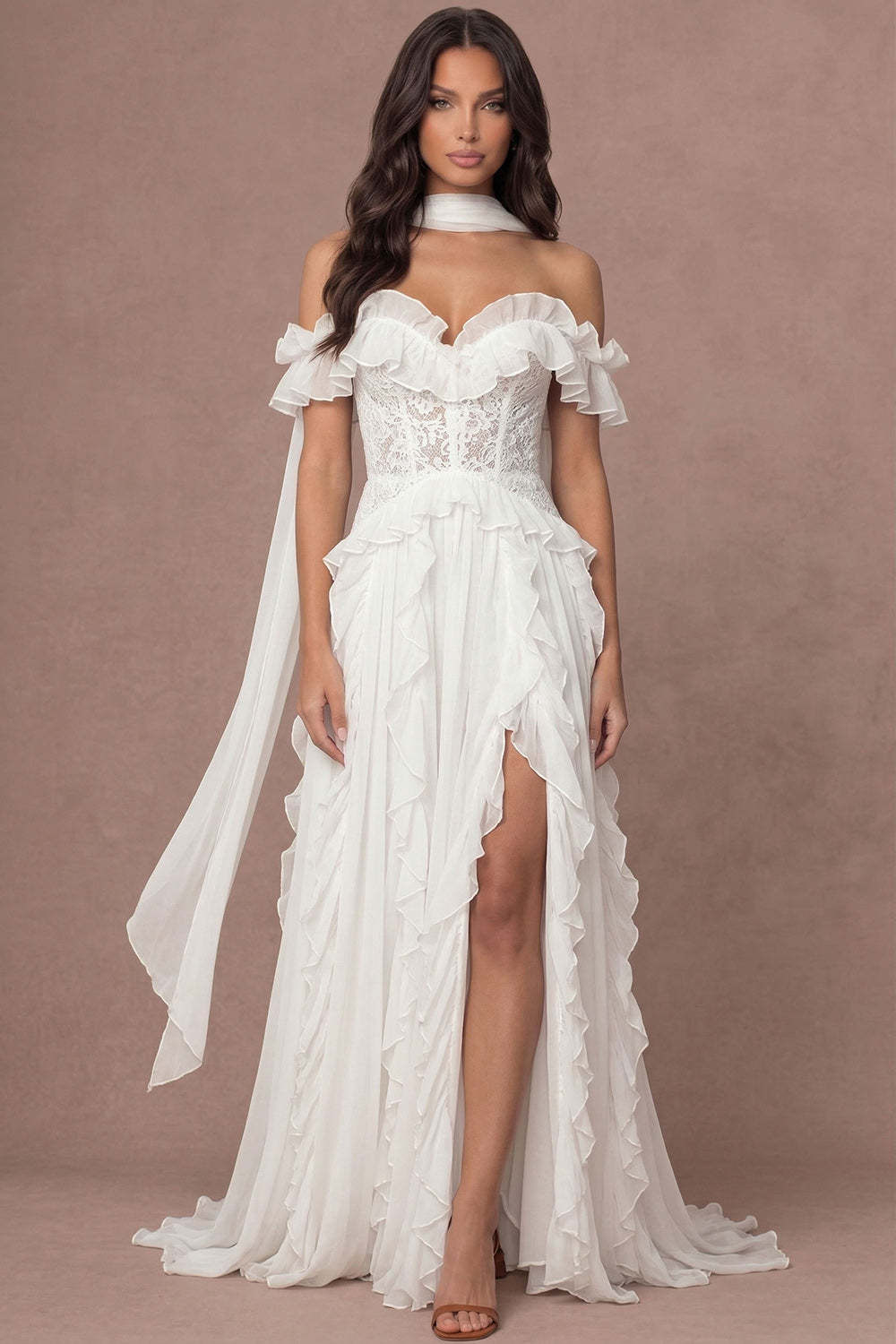 Leely Women Ivory Ruffled Corset Long Wedding Reception Dress with Slit Off the Shoulder Appliqued Backless Wedding Rehearsal Dinner with Neck Scarf