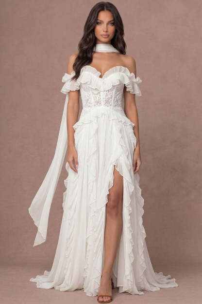Leely Women Ivory Ruffled Corset Long Wedding Reception Dress with Slit Off the Shoulder Appliqued Backless Wedding Rehearsal Dinner with Neck Scarf