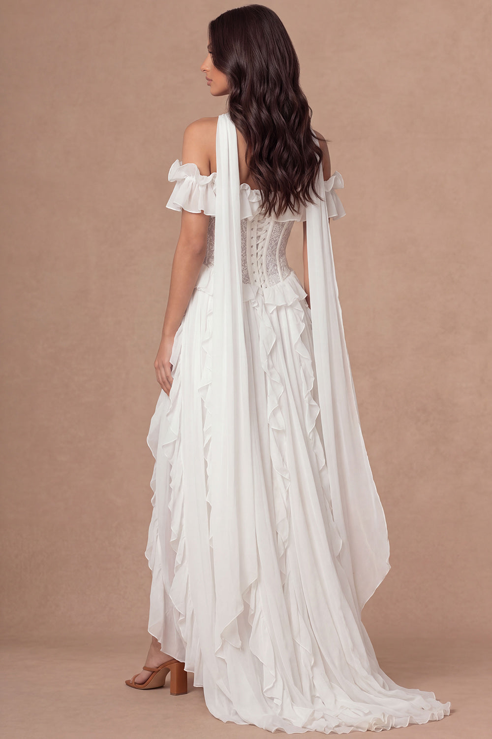 Ivory Ruffled Corset Off the Shoulder Appliqued Long Wedding Reception Dress with Slit