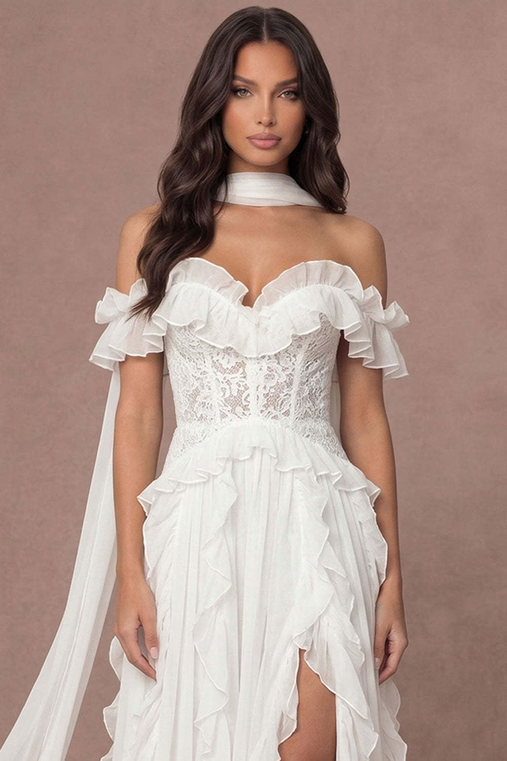 Ivory Ruffled Corset Off the Shoulder Appliqued Long Wedding Reception Dress with Slit