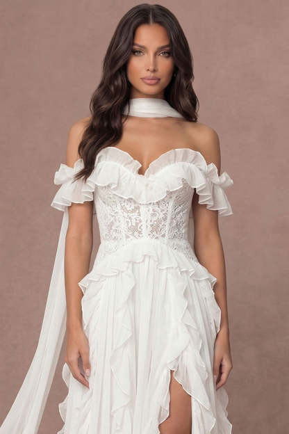 Ivory Ruffled Corset Off the Shoulder Appliqued Long Wedding Reception Dress with Slit