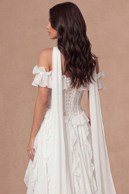 Ivory Ruffled Corset Off the Shoulder Appliqued Long Wedding Reception Dress with Slit