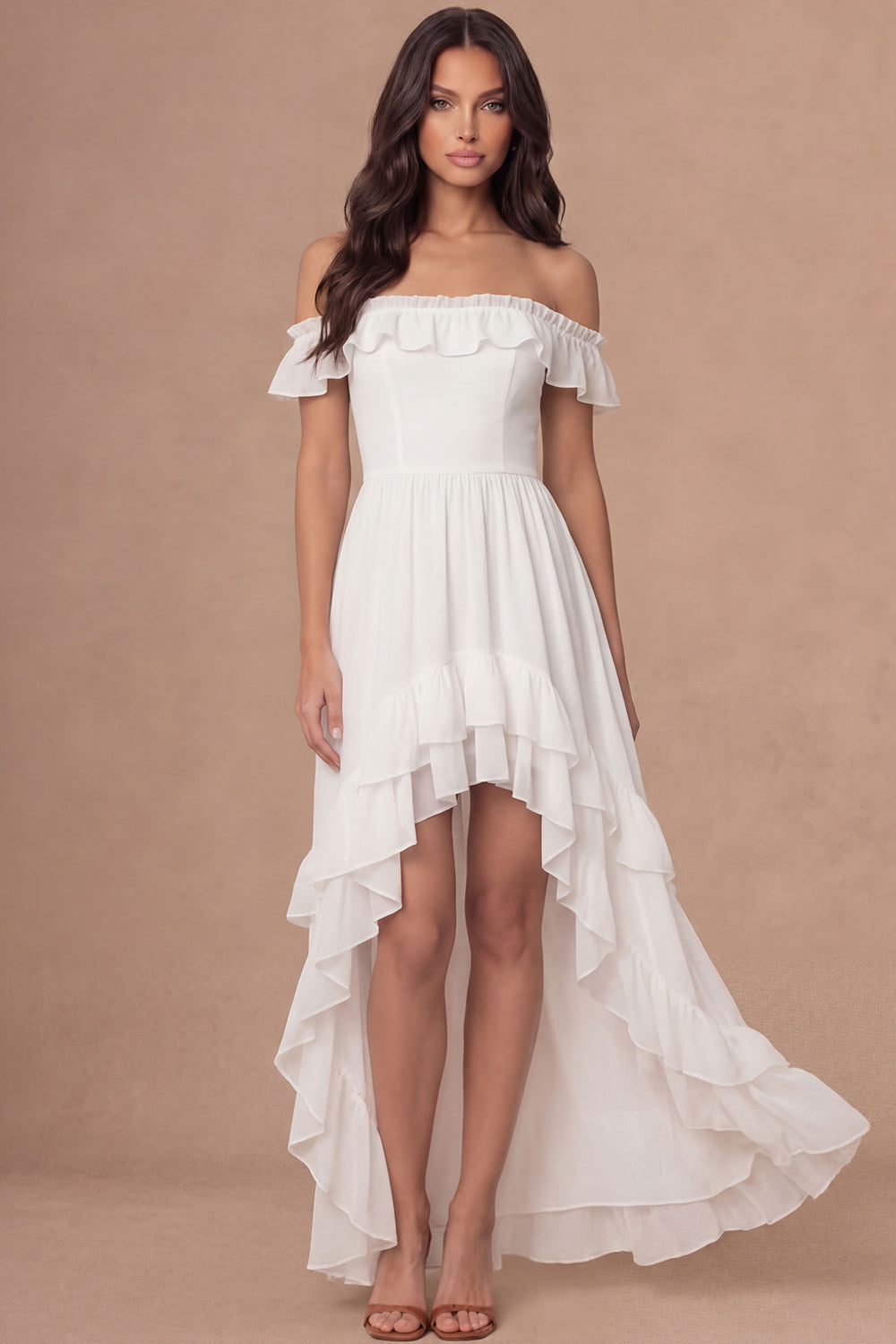 Leely Women Off the Shoulder Ivory High Low Wedding Reception Dress Ruffled Backless Sleeveless Wedding Rehearsal Dinner Dress