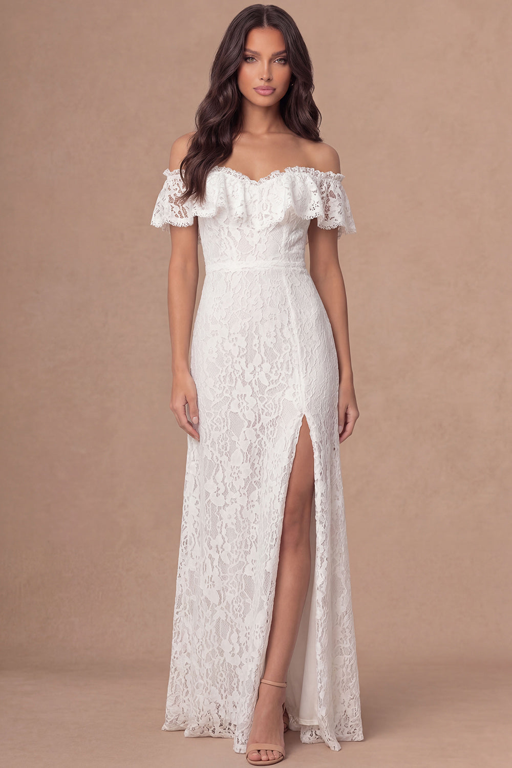 Leely Women Off the Shoulder Ruffled Ivory Floral Long Wedding Reception Dress with Slit Appliqued Backless Sleeveless Wedding Rehearsal Dinner Dress