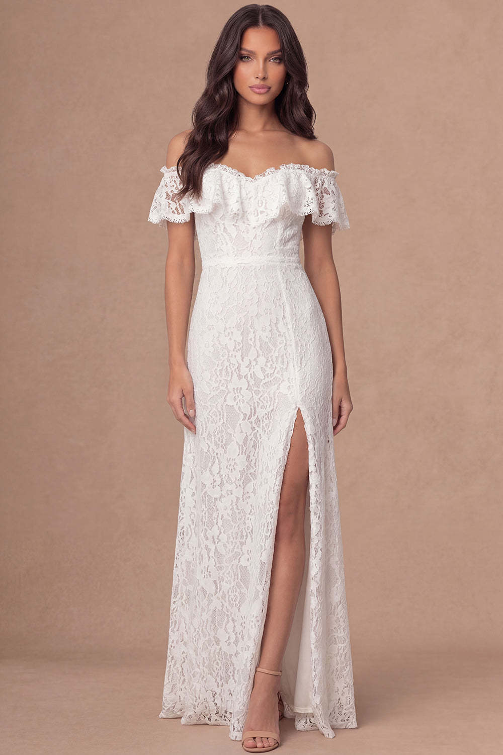 Leely Women Off the Shoulder Ruffled Ivory Floral Long Wedding Reception Dress with Slit Appliqued Backless Sleeveless Wedding Rehearsal Dinner Dress