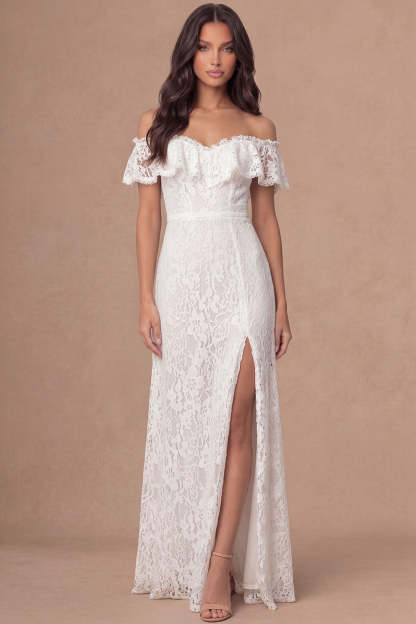 Leely Women Off the Shoulder Ruffled Ivory Floral Long Wedding Reception Dress with Slit Appliqued Backless Sleeveless Wedding Rehearsal Dinner Dress