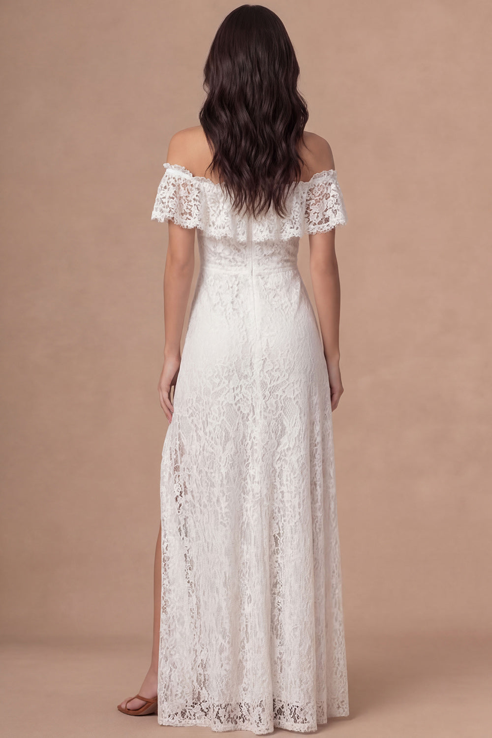 Off the Shoulder Ruffled Ivory Floral Appliqued Long Wedding Reception Dress with Slit
