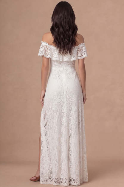 Off the Shoulder Ruffled Ivory Floral Appliqued Long Wedding Reception Dress with Slit