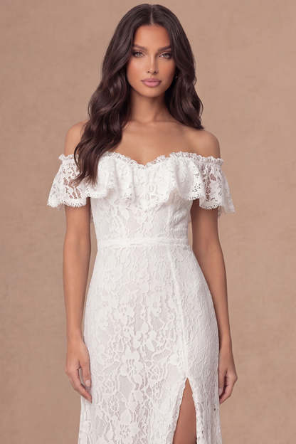 Off the Shoulder Ruffled Ivory Floral Appliqued Long Wedding Reception Dress with Slit