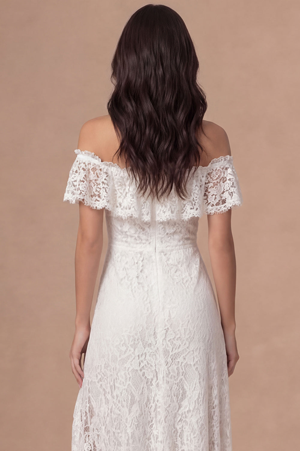 Off the Shoulder Ruffled Ivory Floral Appliqued Long Wedding Reception Dress with Slit