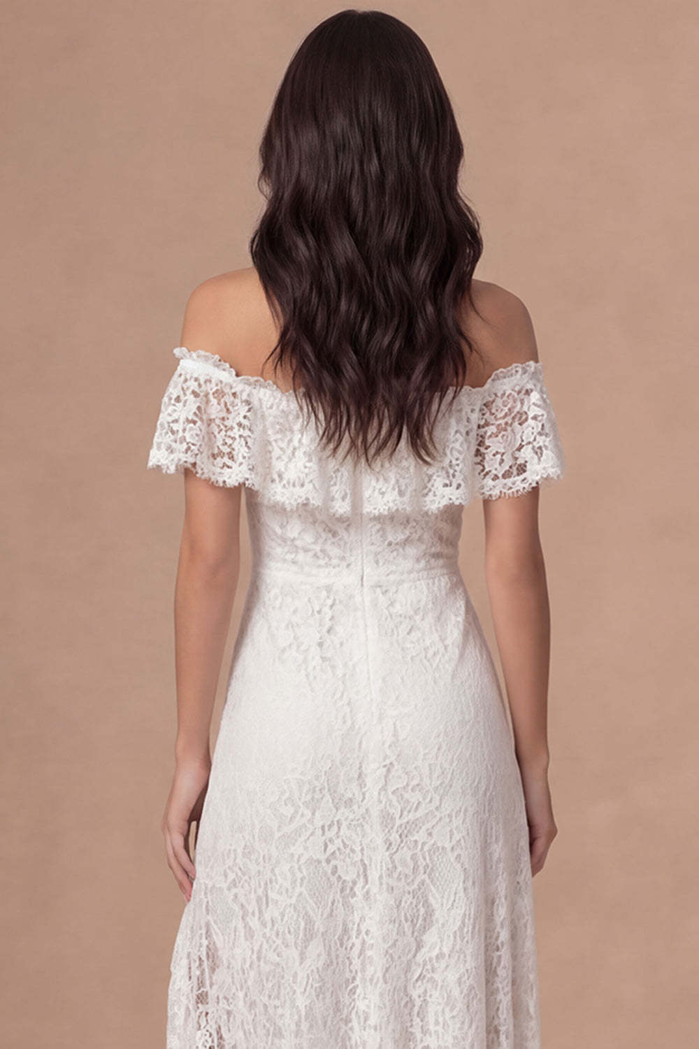Off the Shoulder Ruffled Ivory Floral Appliqued Long Wedding Reception Dress with Slit
