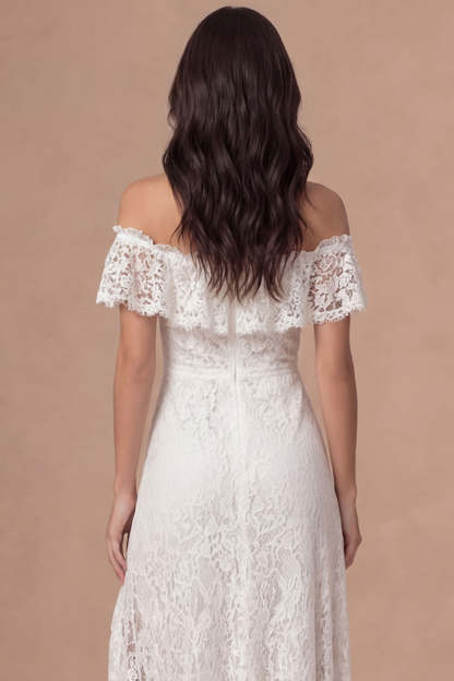 Off the Shoulder Ruffled Ivory Floral Appliqued Long Wedding Reception Dress with Slit