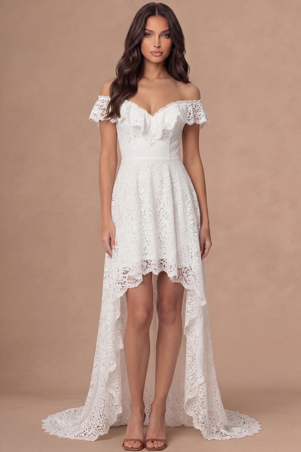 Leely Women Off the Shoulder Ivory High Low Wedding Reception Dress Embroidered Backless Sleeveless Wedding Rehearsal Dinner Dress