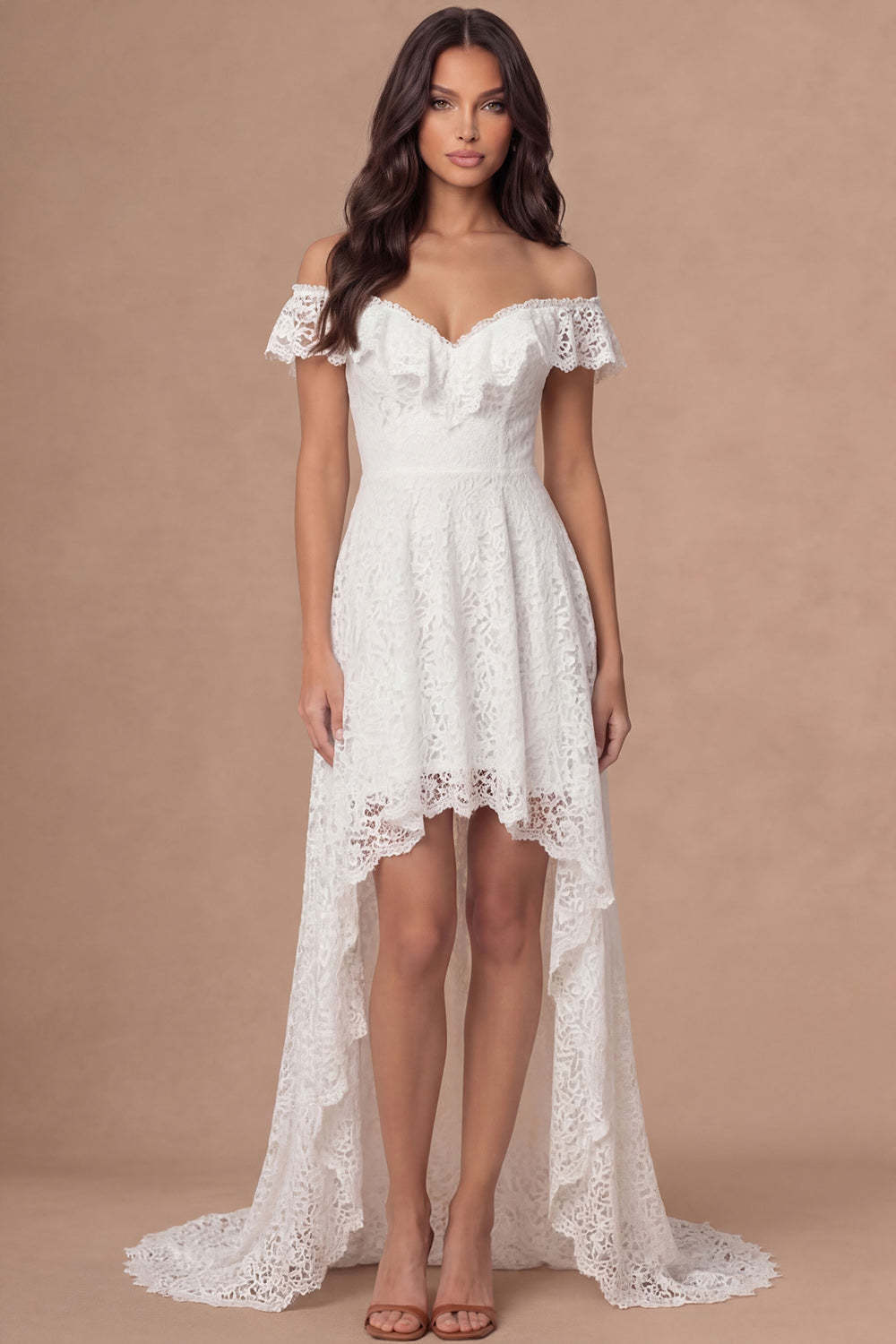 Leely Women Off the Shoulder Ivory High Low Wedding Reception Dress Embroidered Backless Sleeveless Wedding Rehearsal Dinner Dress