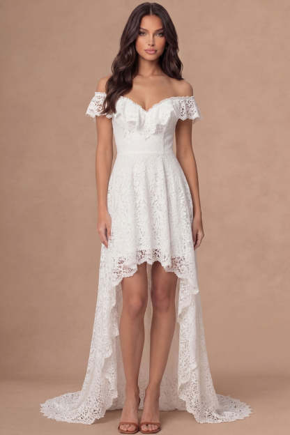 Leely Women Off the Shoulder Ivory High Low Wedding Reception Dress Embroidered Backless Sleeveless Wedding Rehearsal Dinner Dress