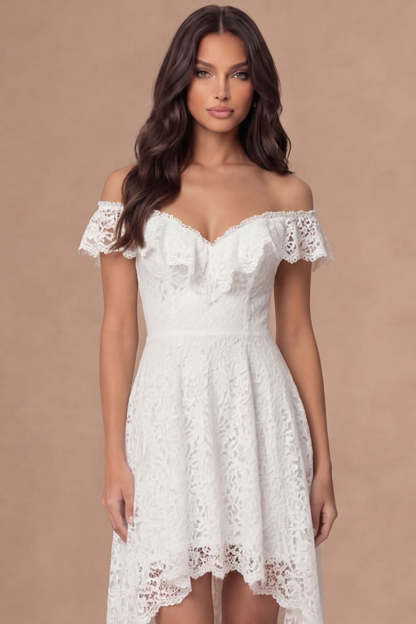 Off the Shoulder Ivory Embroidered High Low Wedding Reception Dress