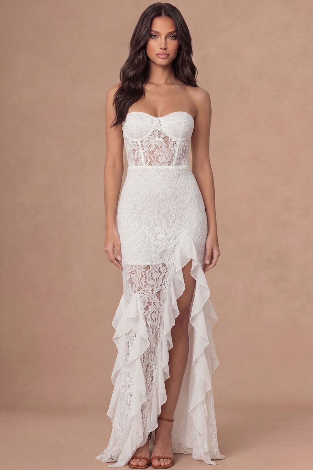 Leely Women Mermaid Ivory Corset Long Wedding Reception Dress with Slit Appliqued Ruffled Backless Wedding Rehearsal Dinner Dress