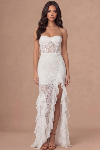 Leely Women Mermaid Ivory Corset Long Wedding Reception Dress with Slit Appliqued Ruffled Backless Wedding Rehearsal Dinner Dress