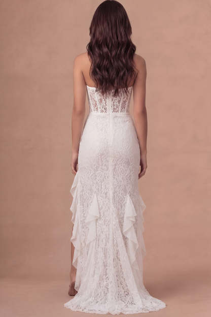 Mermaid Ivory Corset Appliqued Ruffled Long Wedding Reception Dress with Slit