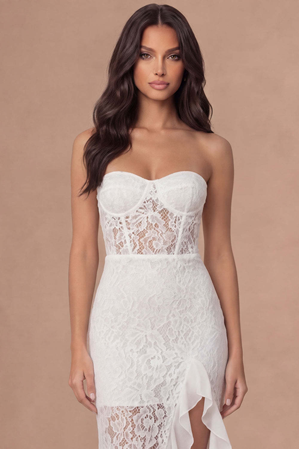 Mermaid Ivory Corset Appliqued Ruffled Long Wedding Reception Dress with Slit