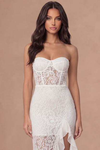 Mermaid Ivory Corset Appliqued Ruffled Long Wedding Reception Dress with Slit