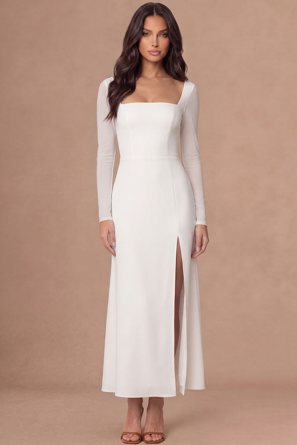 Ivory Sheath Square Neck Long Sleeves Midi Wedding Rehearsal Dinner Dress with Slit