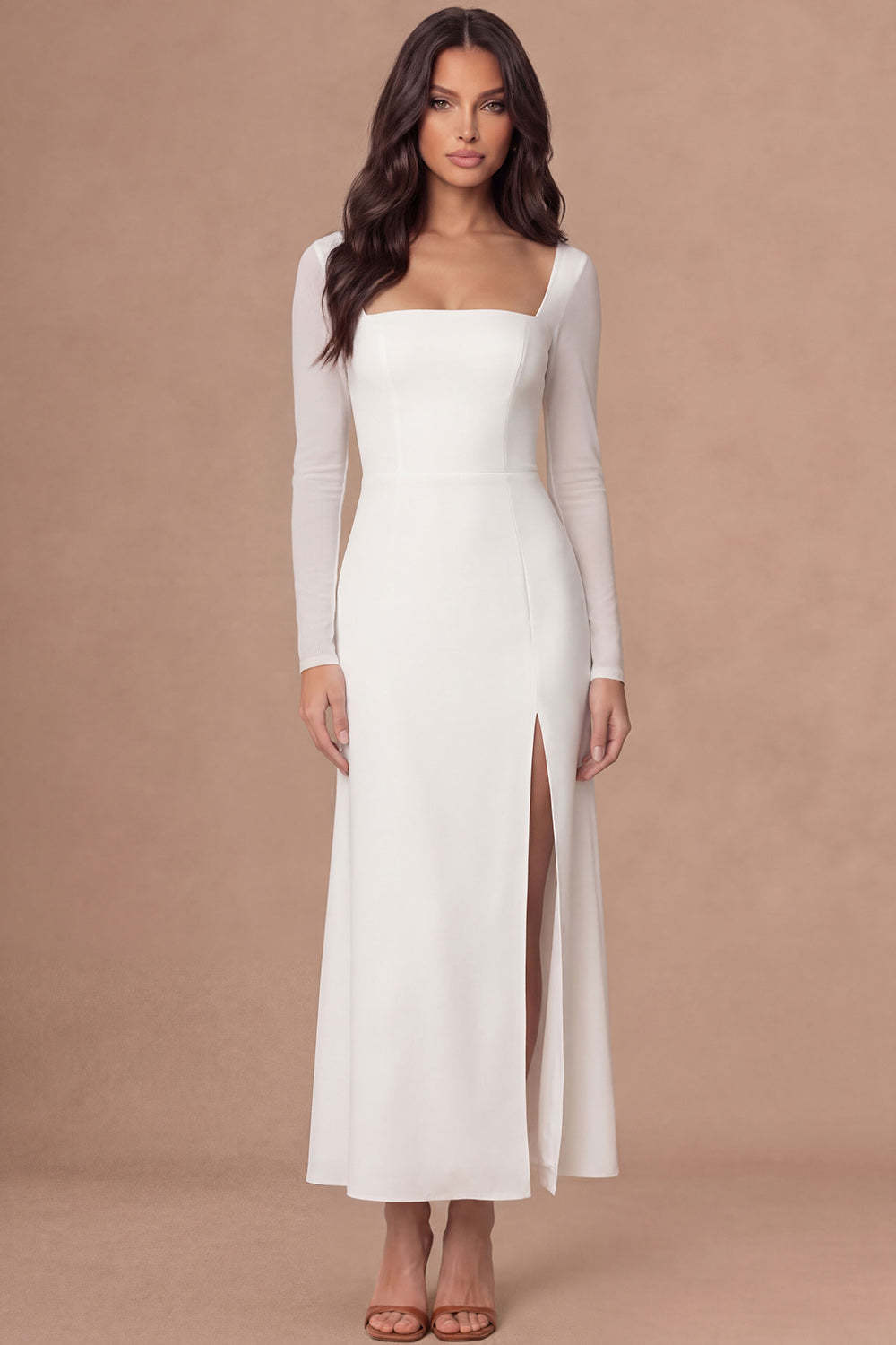 Leely Women Ivory Sheath Long Sleeves Midi Wedding Rehearsal Dinner Dress with Slit Square Neck Backless Wedding Reception Dress