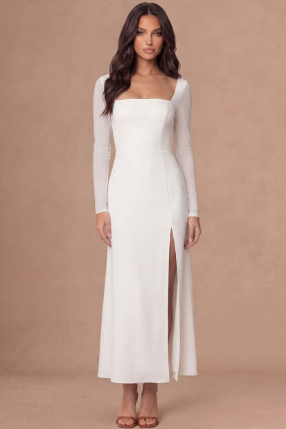 Leely Women Ivory Sheath Long Sleeves Midi Wedding Rehearsal Dinner Dress with Slit Square Neck Backless Wedding Reception Dress