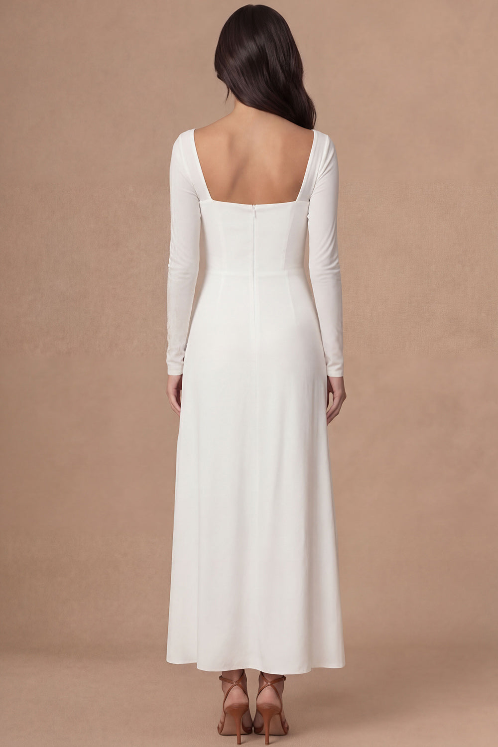 Ivory Sheath Square Neck Long Sleeves Midi Wedding Rehearsal Dinner Dress with Slit