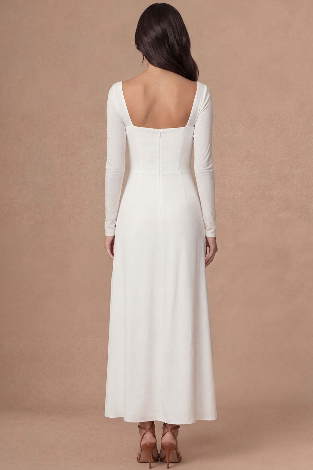 Ivory Sheath Square Neck Long Sleeves Midi Wedding Rehearsal Dinner Dress with Slit