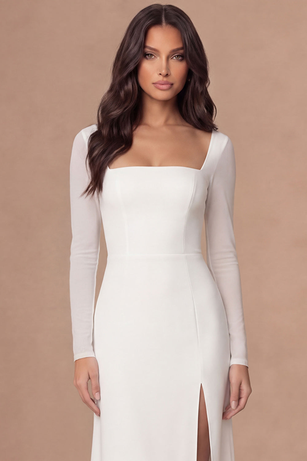 Ivory Sheath Square Neck Long Sleeves Midi Wedding Rehearsal Dinner Dress with Slit