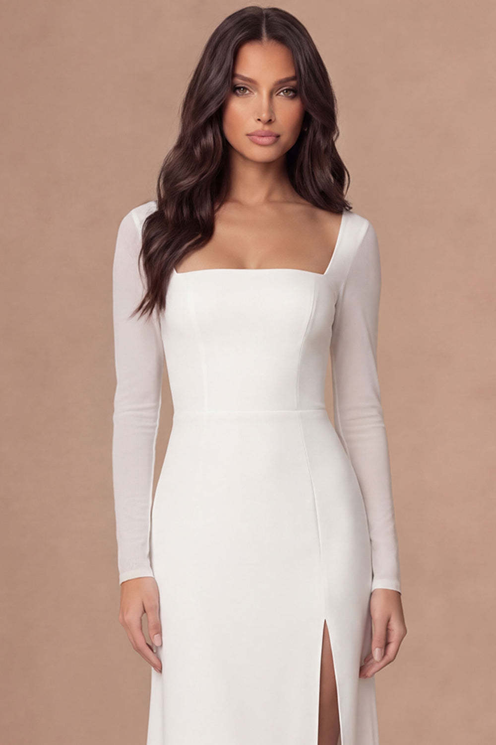 Ivory Sheath Square Neck Long Sleeves Midi Wedding Rehearsal Dinner Dress with Slit