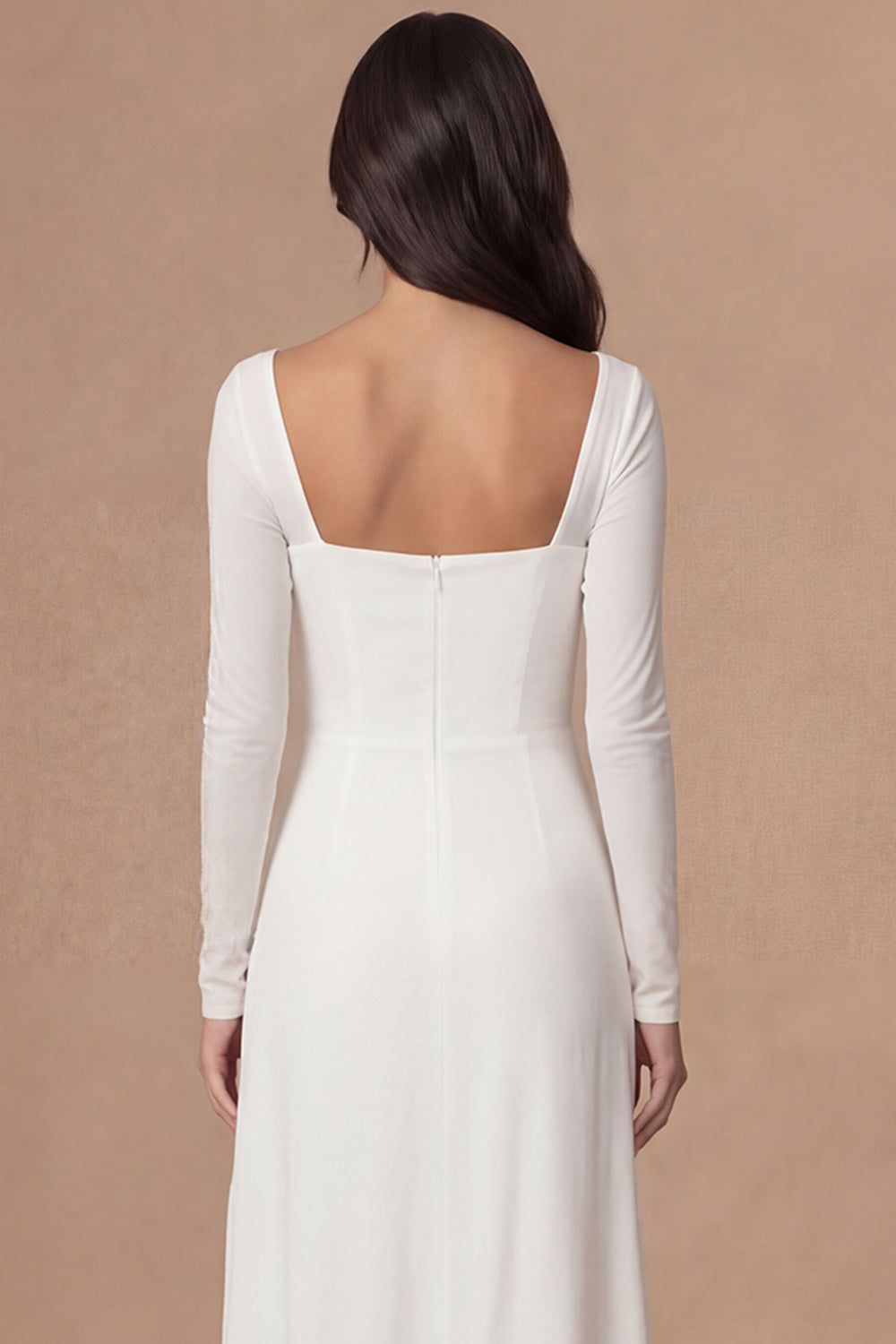 Ivory Sheath Square Neck Long Sleeves Midi Wedding Rehearsal Dinner Dress with Slit