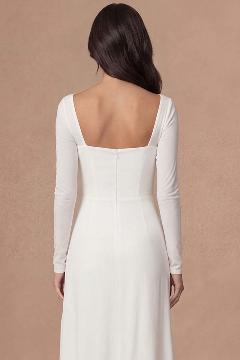 Ivory Sheath Square Neck Long Sleeves Midi Wedding Rehearsal Dinner Dress with Slit