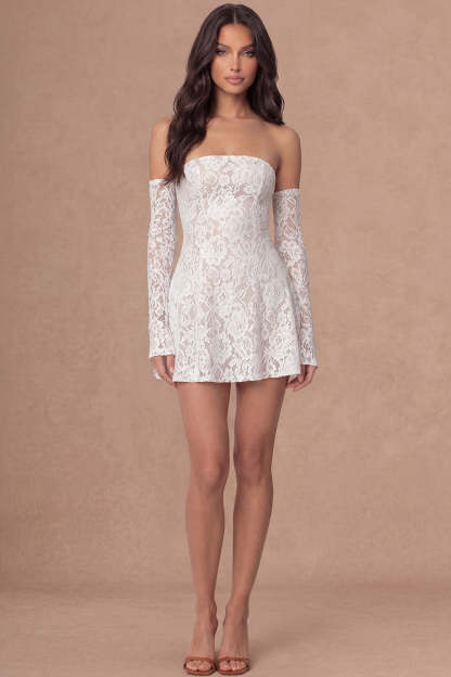 Leely Women Ivory Appliqued Floral Short Bridal Shower Dress Strapless Backless Long Sleeves Engagement Dress