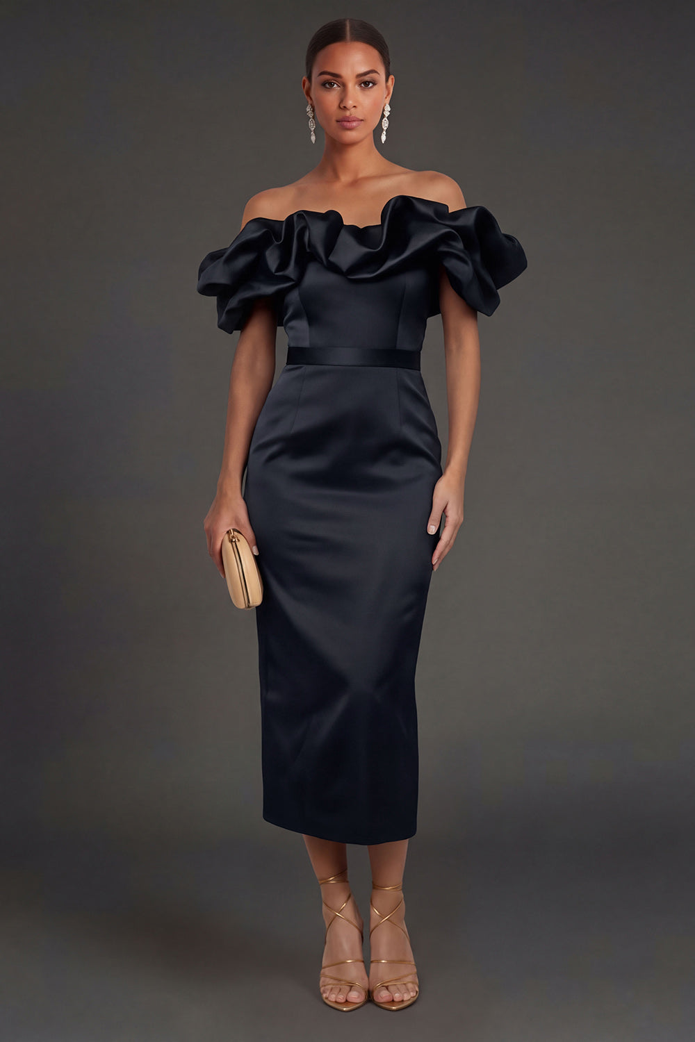 Black Sheath Off the Shoulder Ruffled Long Formal Dress