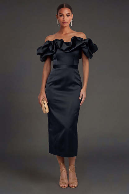 Leely Women Black Sheath Off the Shoulder Ruffled Long Formal Dress Backless Sleeveless Evening Dress