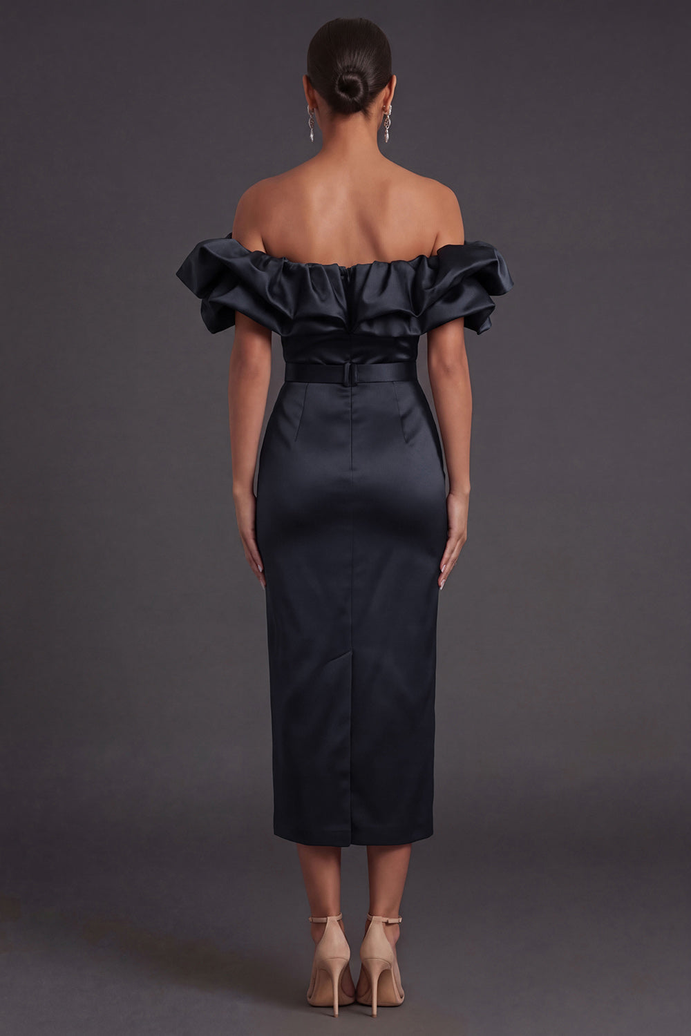Black Sheath Off the Shoulder Ruffled Long Formal Dress