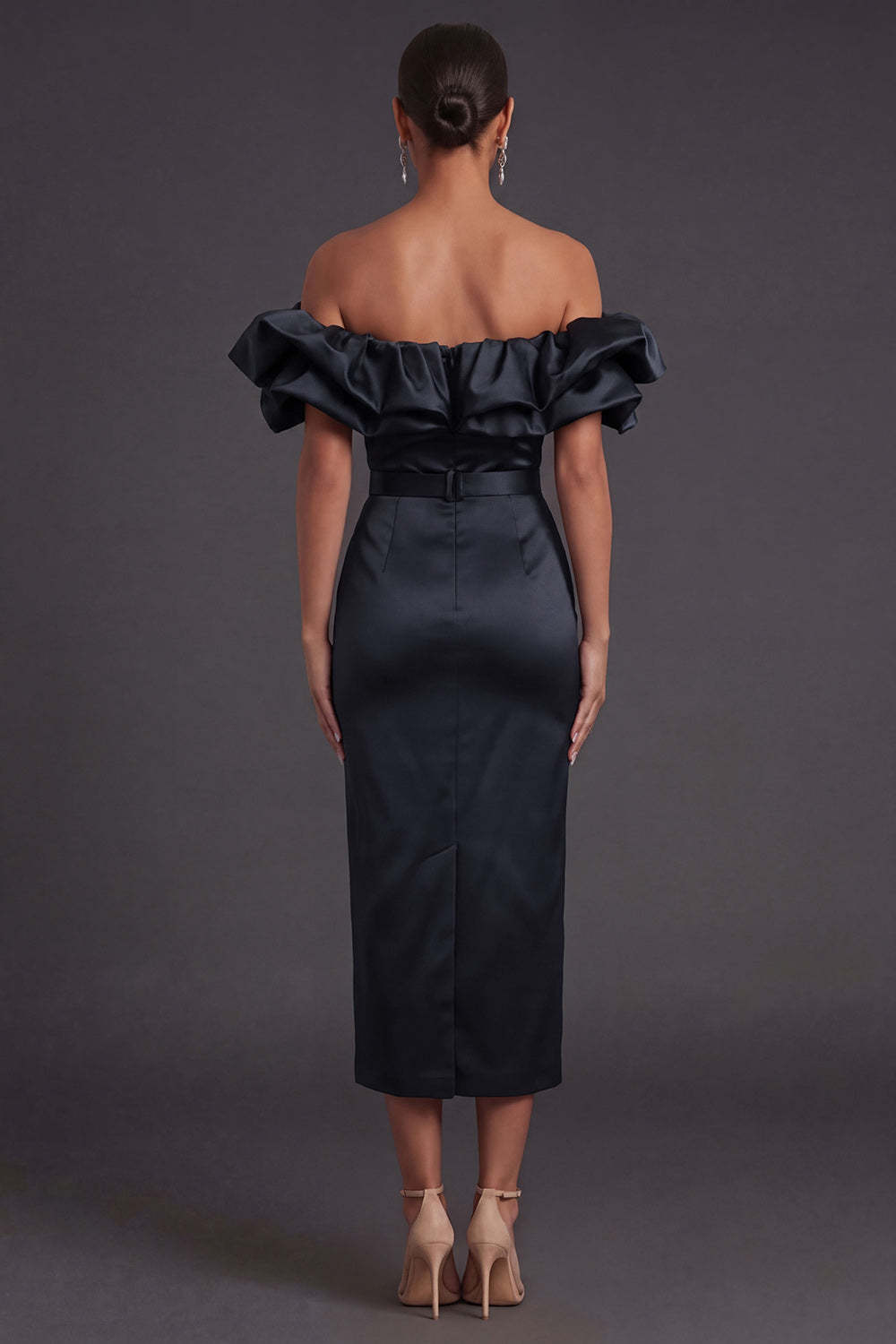 Black Sheath Off the Shoulder Ruffled Long Formal Dress