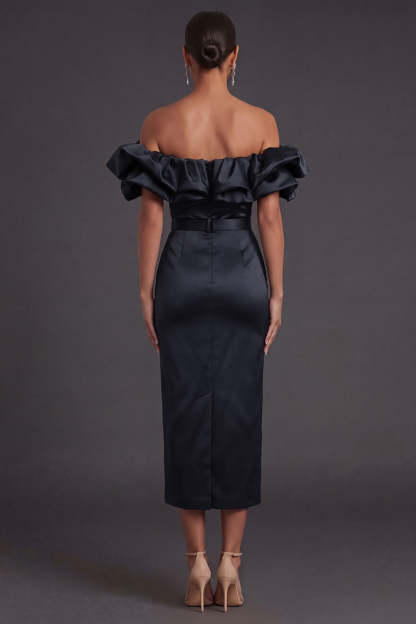 Black Sheath Off the Shoulder Ruffled Long Formal Dress