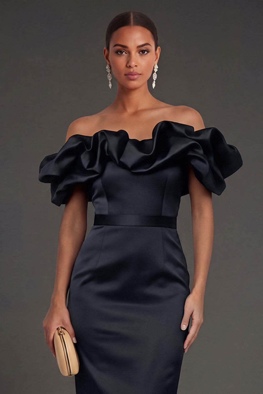 Black Sheath Off the Shoulder Ruffled Long Formal Dress