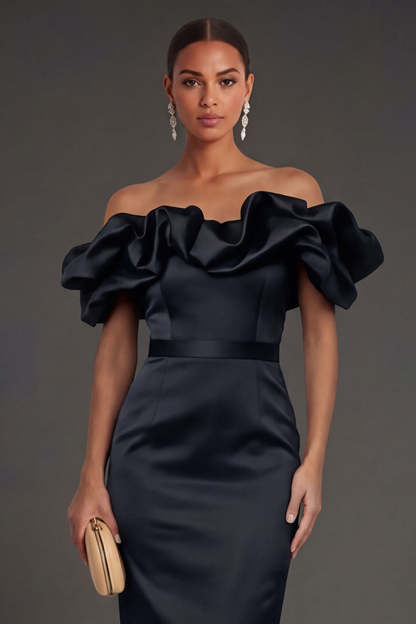 Black Sheath Off the Shoulder Ruffled Long Formal Dress