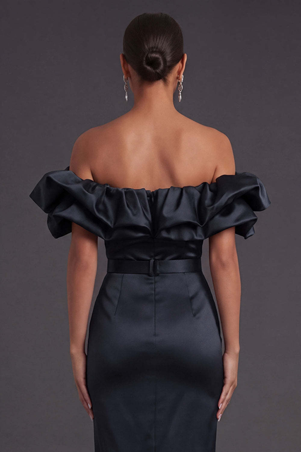 Black Sheath Off the Shoulder Ruffled Long Formal Dress