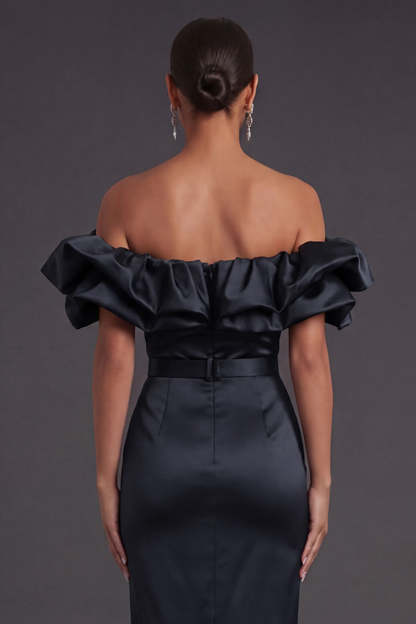 Black Sheath Off the Shoulder Ruffled Long Formal Dress