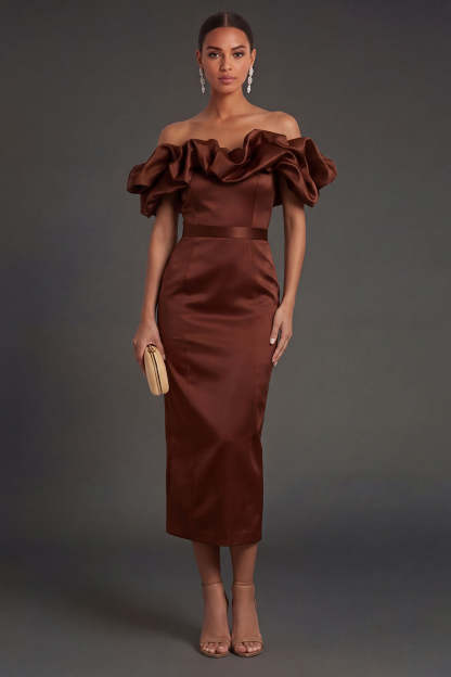 Black Sheath Off the Shoulder Ruffled Long Formal Dress