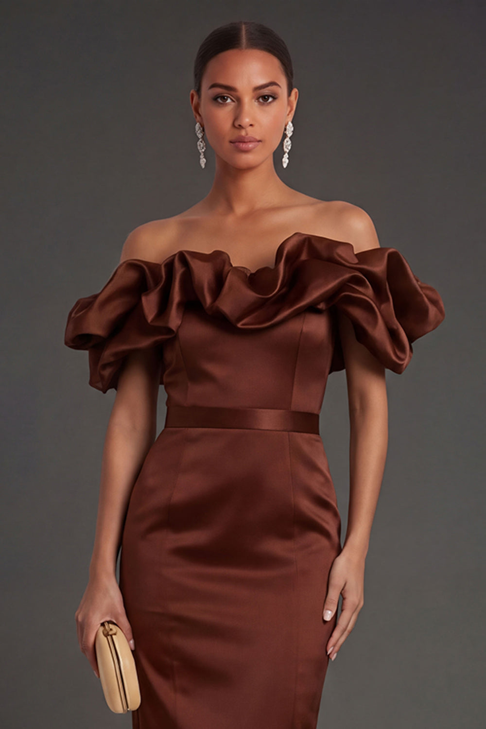 Black Sheath Off the Shoulder Ruffled Long Formal Dress