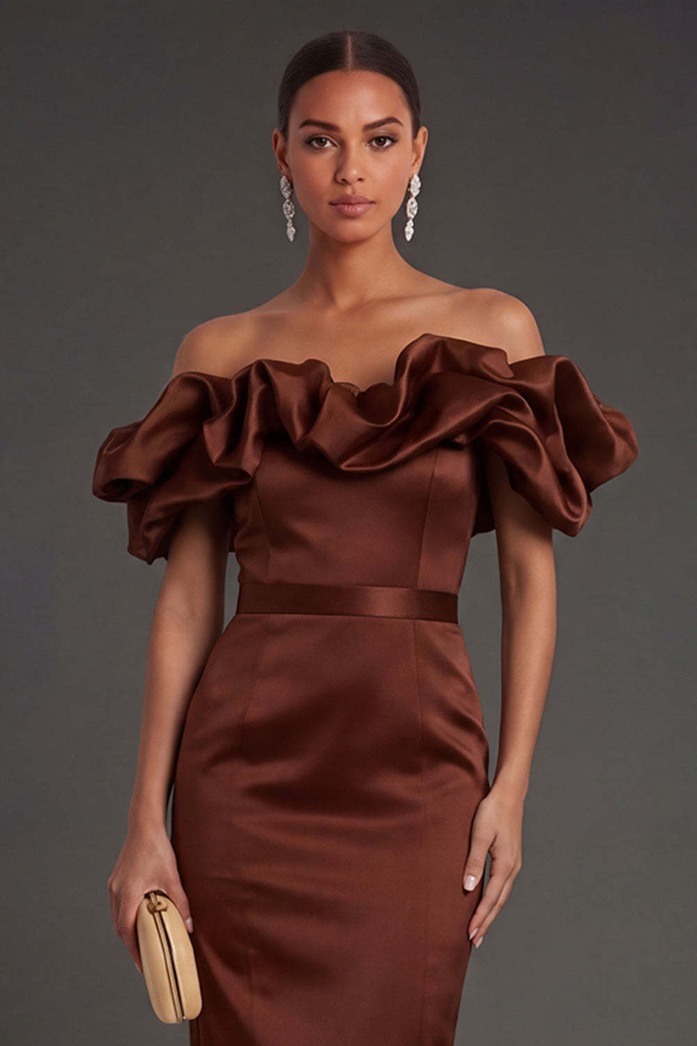 Black Sheath Off the Shoulder Ruffled Long Formal Dress